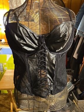 Black Lace and Faux Leather Corset Bustier - Women Intimates & Sleepwear
